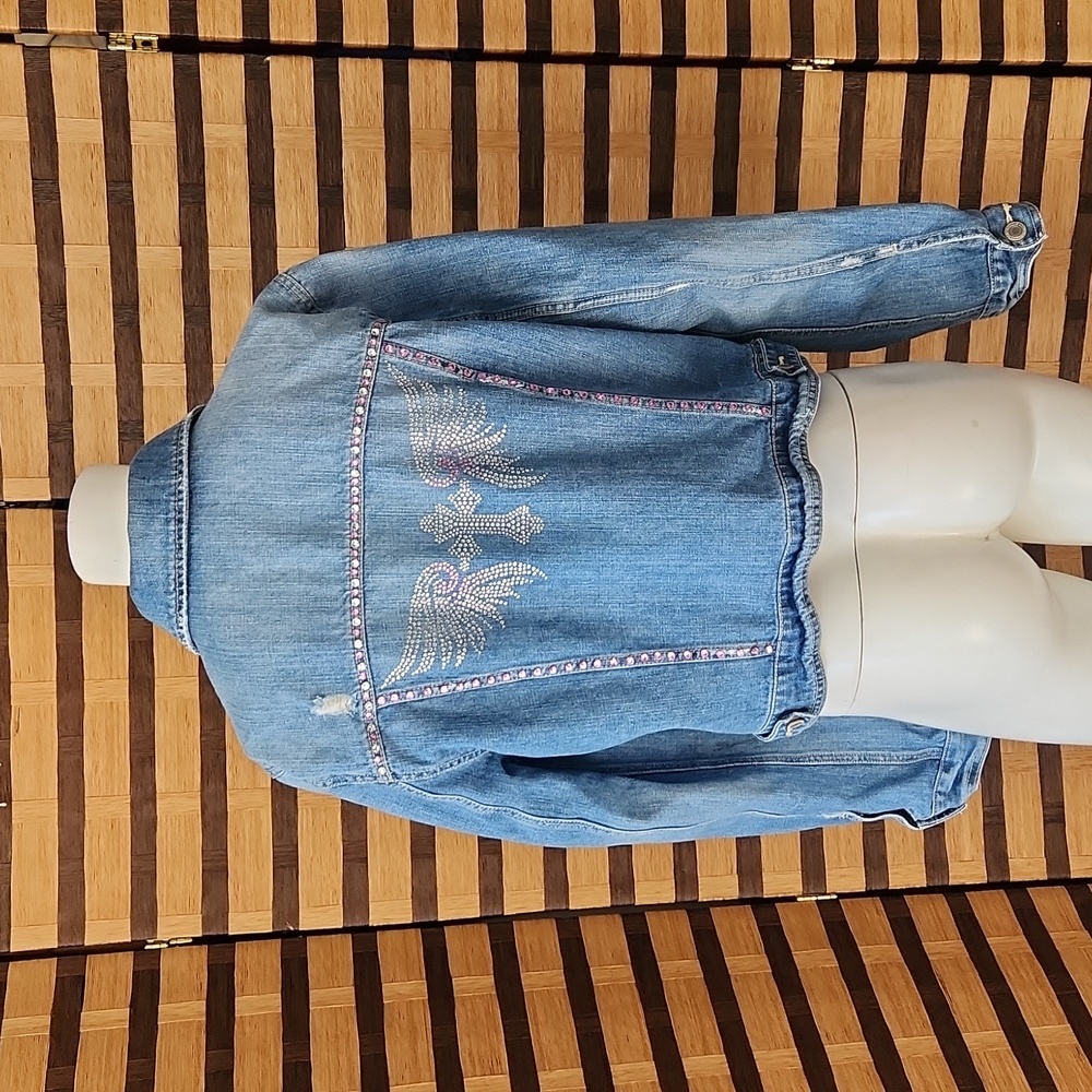 Custom made angel wing rhinestone jean jacket destroyed